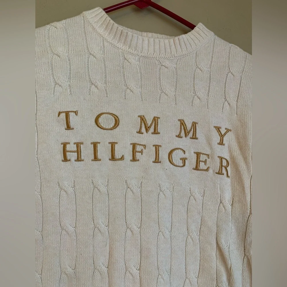 Tommy Hilfiger cable knit sweater shirt classic cream Tommy logo embroidered y2k - Picture 2 of 8